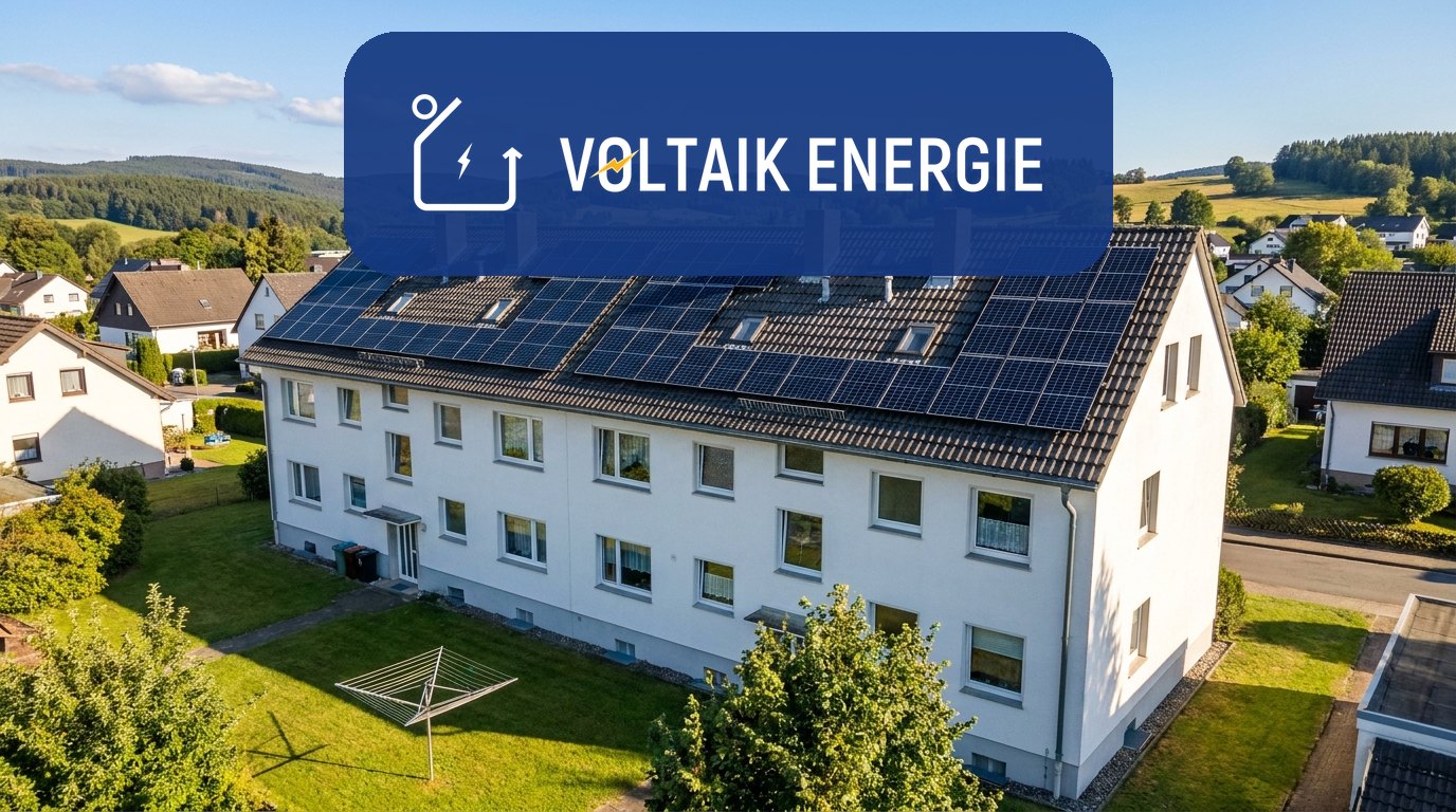 Mehrfamilienhaus mit Solaranlage auf dem Satteldach, Module in mehreren Feldern zwischen Schornsteinen und Dachfenstern